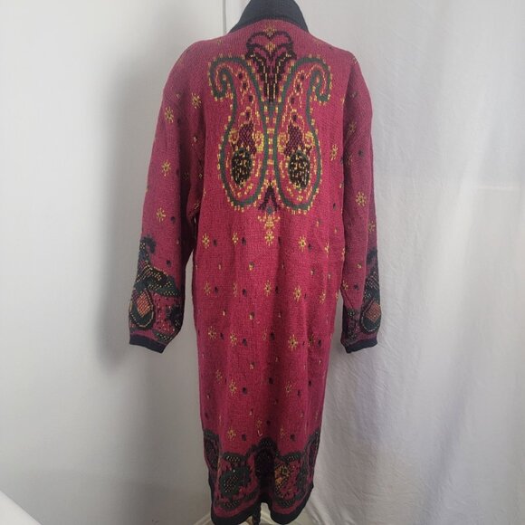 Cervelle Boho Cardigan Sweater Coat Button Up Front Vintage XL Maroon Gold Green - Picture 6 of 8